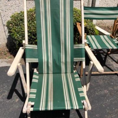 3 Vintage folding wood beach chairs with green striped camping Hollywood