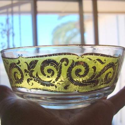 GR 145 - Bowls & Glasses - Avocado Green w/ Gold Relief