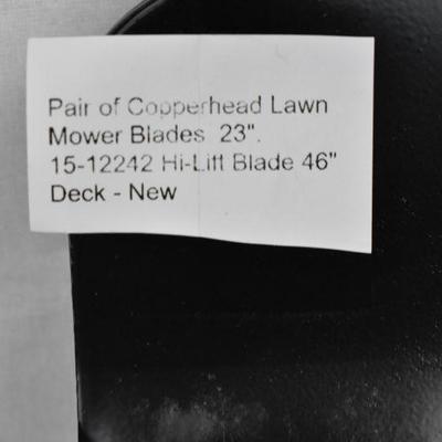 2x Copperhead Lawn Mower Blades, 23", Hi-Lift Blade 46" Deck, $25 Retail - New