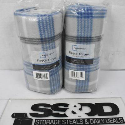 Qty Two: 50"x60" Blue & Grey Fleece Throws - New