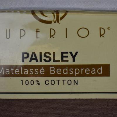 Queen Taupe, 100% Cotton Paisley Matelasse Bedspread, $51 Retail - New
