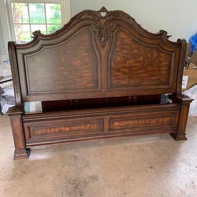 KING DARK WOOD CARVED BED HB/FB , RAILS AND SLATS $550