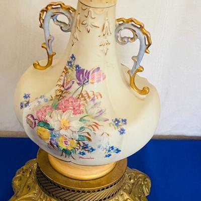Vintage Pair of Victorian Porcelain Lamps with White Milk Glass Shades