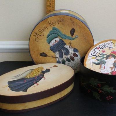 LOT #66: (3) Assorted Wood Holiday themed Handmade Storage Boxes