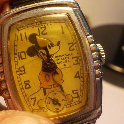 "Vintage 1938 Mickey Mouse wrist watch with box." made by Ingersoll.