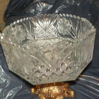 Giant German Lead Crystal Dish and gilt metal foot.