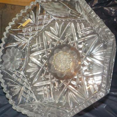 Giant German Lead Crystal Dish and gilt metal foot.