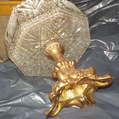 Giant German Lead Crystal Dish and gilt metal foot.