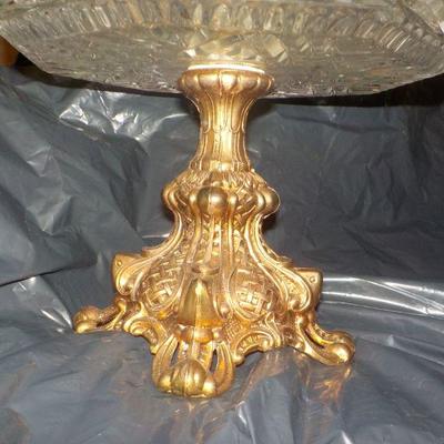 Giant German Lead Crystal Dish and gilt metal foot.