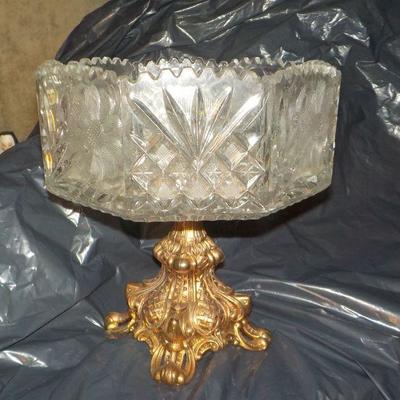 Giant German Lead Crystal Dish and gilt metal foot.