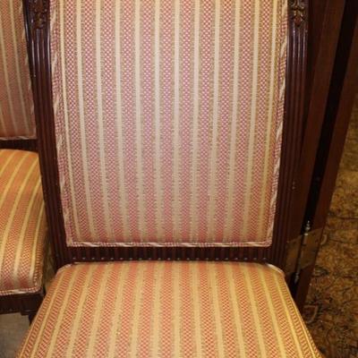 Carved Wood High Back Chair Set (4) with Custom Upholstery 