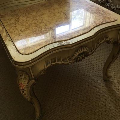 Pair Antique French Provincial Style Nightstands Marble Tops 
