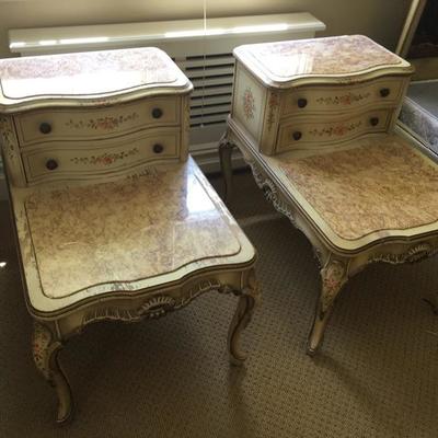 Pair Antique French Provincial Style Nightstands Marble Tops 