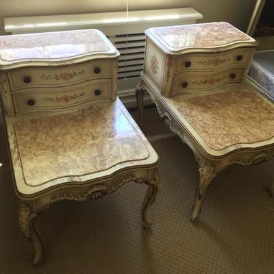 Pair Antique French Provincial Style Nightstands Marble Tops 