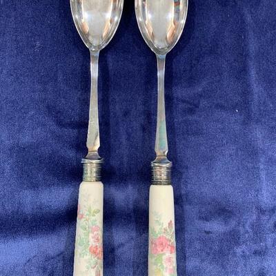 Set of Porcelain and Silver EPNS Serving Spoons
