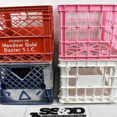 4 Plastic Crates: Red Pink Blue White
