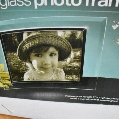 5 pc Frames: Four Wooden 8x10 (1 broken glass). 1 Curved Glass 5x7