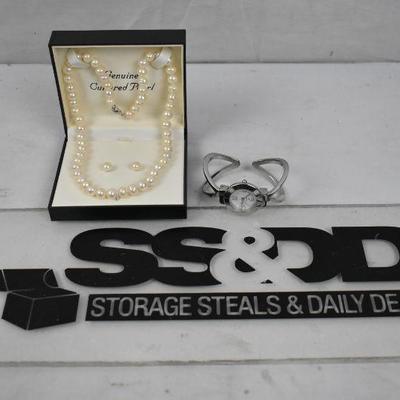 Fashion Watch & Cultured Pearls Necklace & Earrings Set