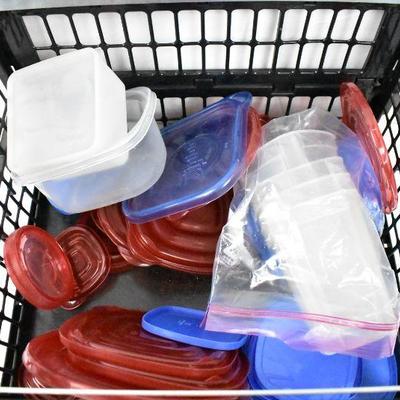 Black Crate of Misc Food Containers and Lids