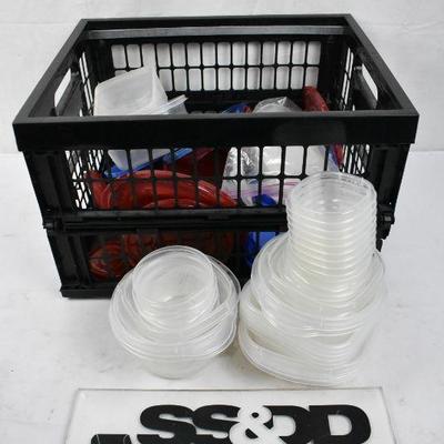 Black Crate of Misc Food Containers and Lids