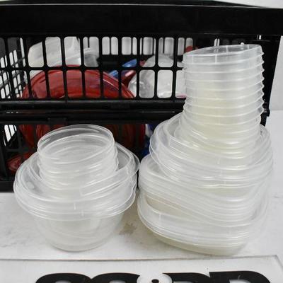 Black Crate of Misc Food Containers and Lids