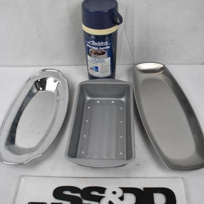 4 pc Misc Kitchen: Thermo Bottle, 2 metal Serving Trays, 1 Loaf Pan