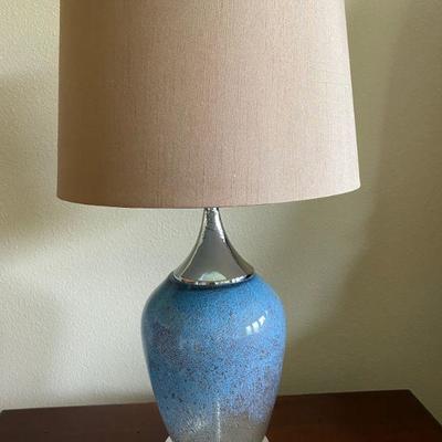 Set of Two Large Blue Lamps with Ivory Shades.