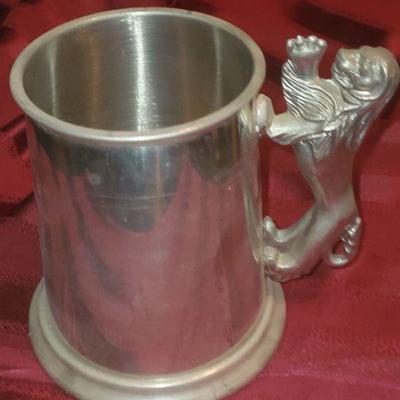 Vintage 1984  5" English Pewter Glass Bottom Tankard Stein w Lion Handle