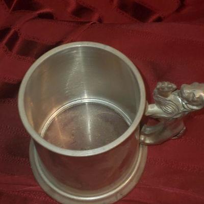 Vintage 1984  5" English Pewter Glass Bottom Tankard Stein w Lion Handle