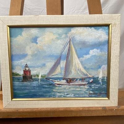 156: Framed Original Oil on Canvas of Log Canoe by Jean Ranney Smith 