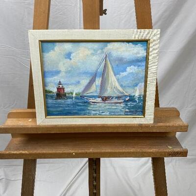 156: Framed Original Oil on Canvas of Log Canoe by Jean Ranney Smith 