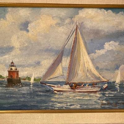 156: Framed Original Oil on Canvas of Log Canoe by Jean Ranney Smith 