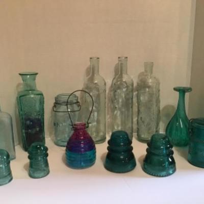165: Lot of Vintage Teal and Clear Glass Bottles and Insulators 