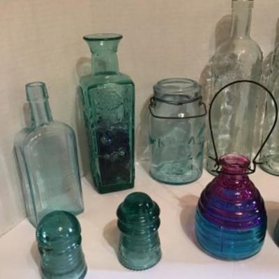 165: Lot of Vintage Teal and Clear Glass Bottles and Insulators 