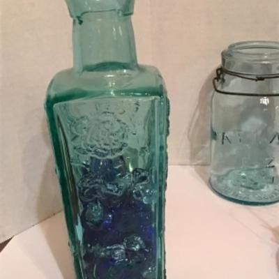 165: Lot of Vintage Teal and Clear Glass Bottles and Insulators 