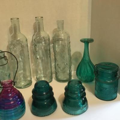 165: Lot of Vintage Teal and Clear Glass Bottles and Insulators 