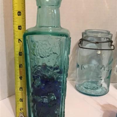 165: Lot of Vintage Teal and Clear Glass Bottles and Insulators 