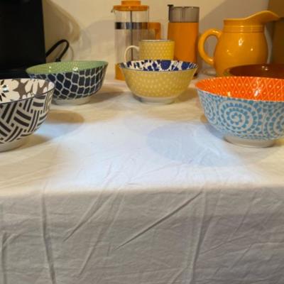 179: French Coffee Press and Pottery Bowls 