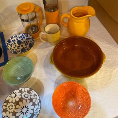 179: French Coffee Press and Pottery Bowls 