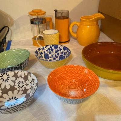 179: French Coffee Press and Pottery Bowls 