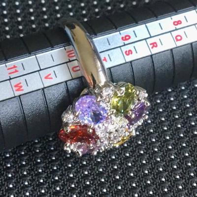 Sterling Silver Ring Size 9.5 with Multi Colored Round Stones Lot #9
