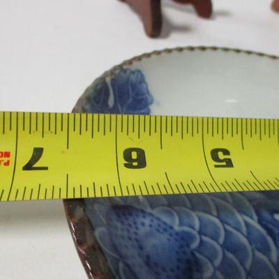 Lot 6 -Vintage Set of  Blue & White Porcelain Plates With Scallop Edge Blossom and Herons 7" Each