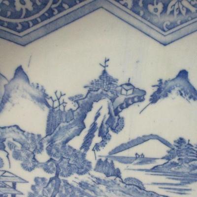 Lot 9 -Vintage Blue & White Porcelain Asian Plate Forest Backdrop Scalloped Edge 12"