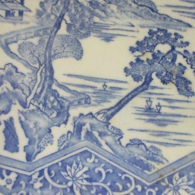 Lot 9 -Vintage Blue & White Porcelain Asian Plate Forest Backdrop Scalloped Edge 12"