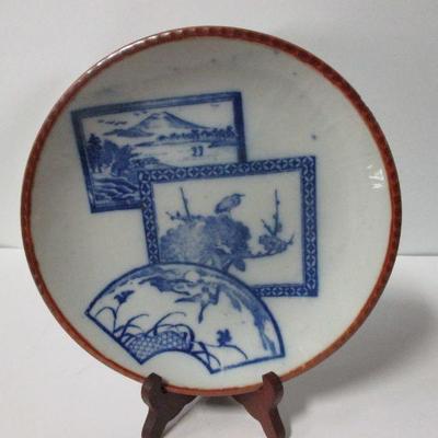 Lot 14 -  Vintage Blue and White Porcelain Plate 3 Panel Scalloped Edge 10"