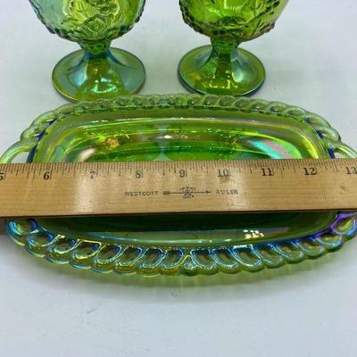 Green Carnival Glass Creamer, Sugar, and Butter Plate