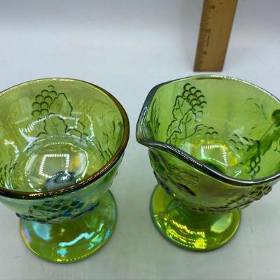 Green Carnival Glass Creamer, Sugar, and Butter Plate