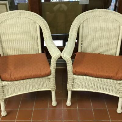 395: Pair of Poly Resin Wicker Style Armchairs with Cushions 