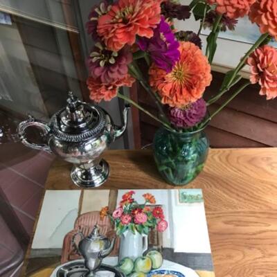 396:   Mildred Ranney Original Watercolor Painting and Silver Plate Tea pot