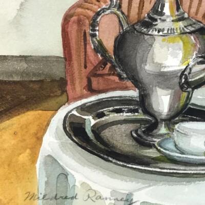 396:   Mildred Ranney Original Watercolor Painting and Silver Plate Tea pot